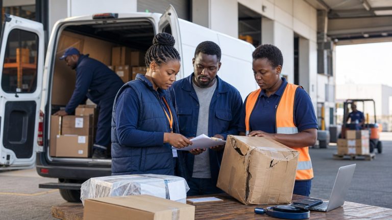 Delivery exception management software Kenya team inspecting damaged returned goods