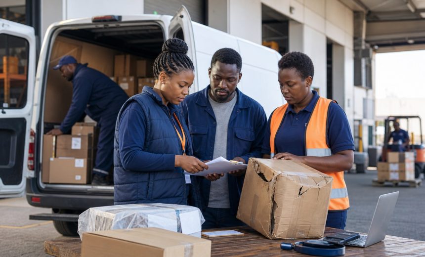 Delivery exception management software Kenya team inspecting damaged returned goods