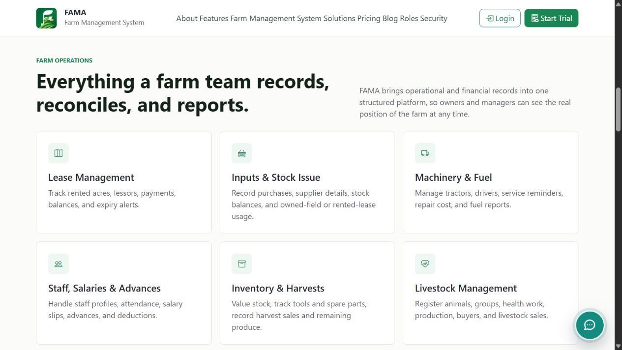 FAMA farm management modules screenshot