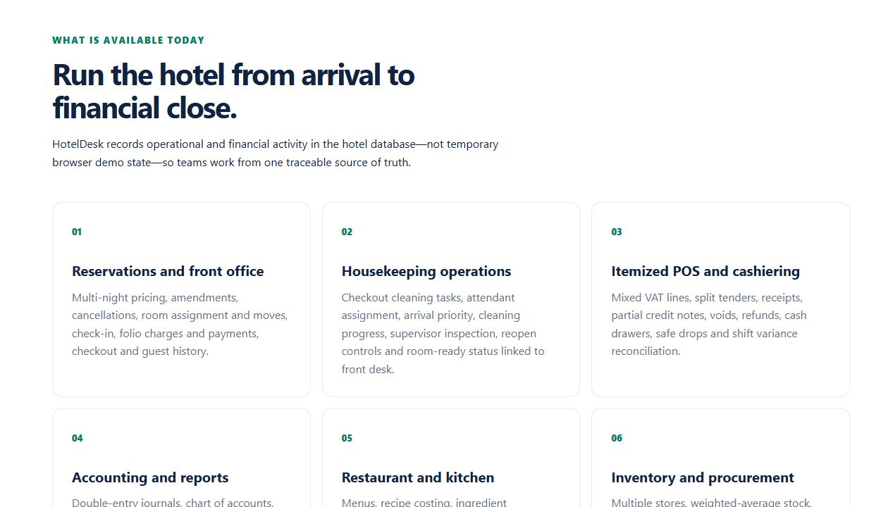 Hoteldesk hotel workflow modules screenshot