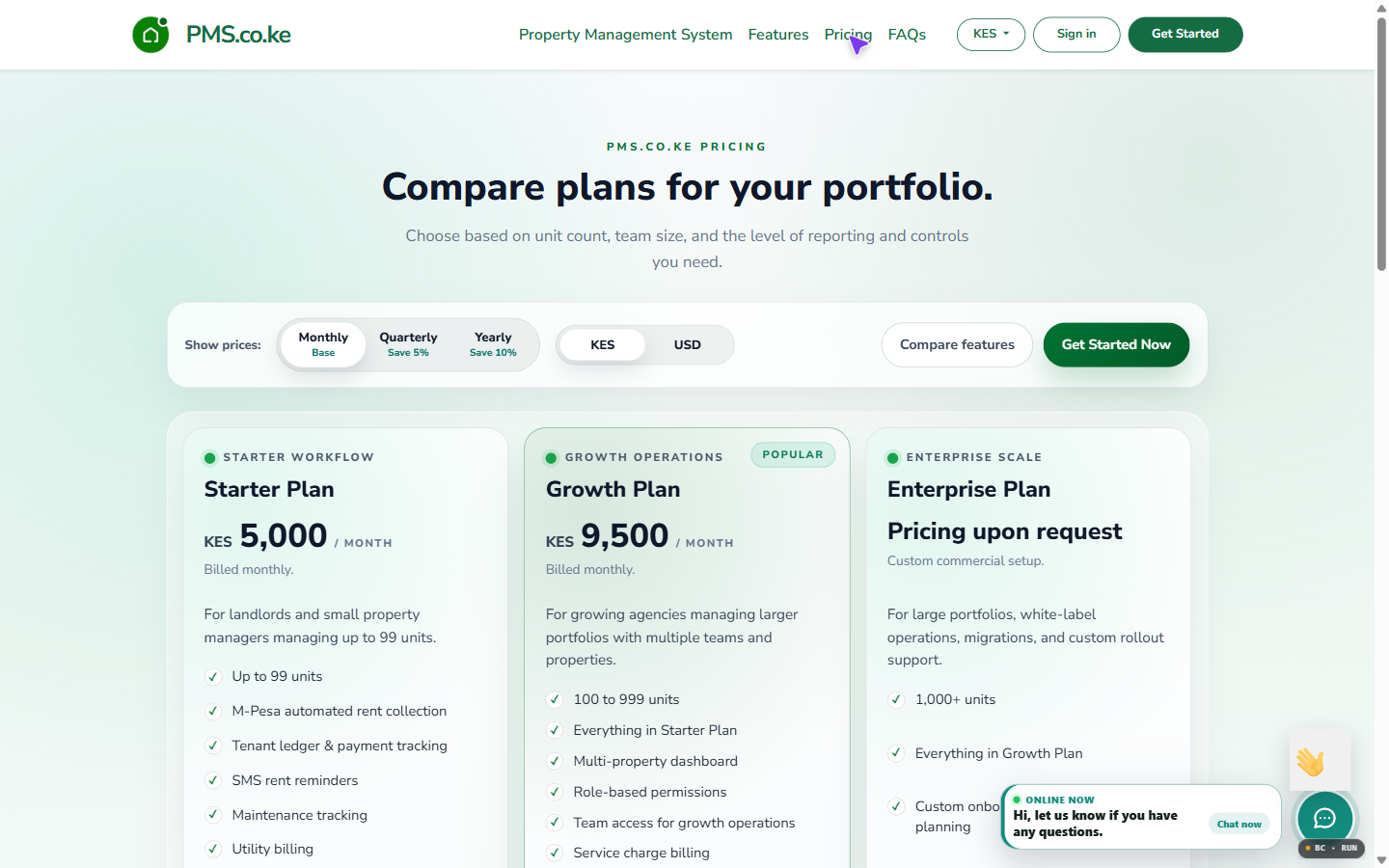 PMS plans and pricing screenshot