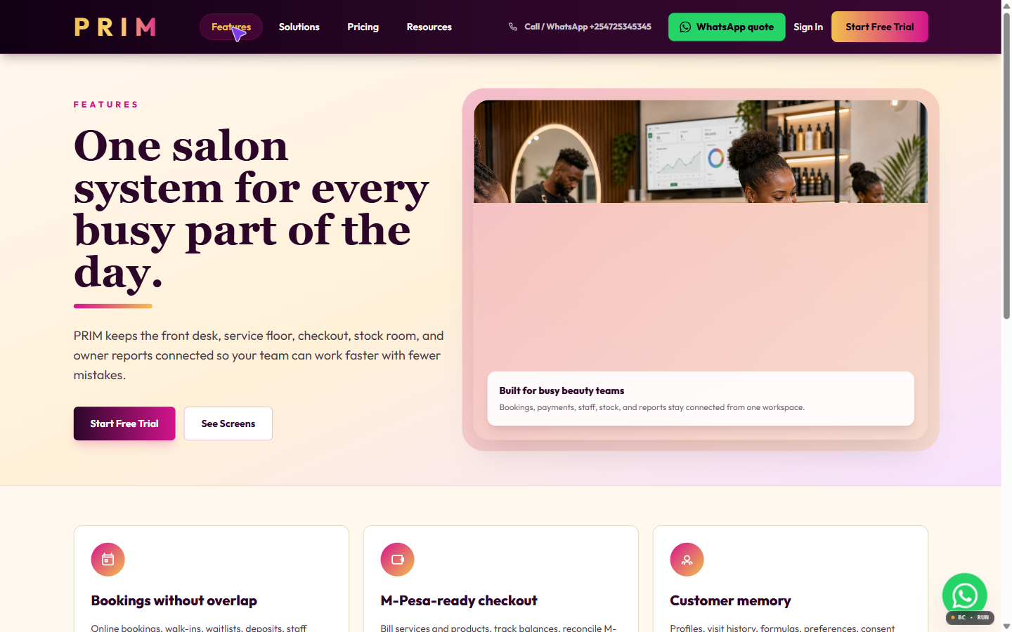 PRIM features for salons and spas screenshot