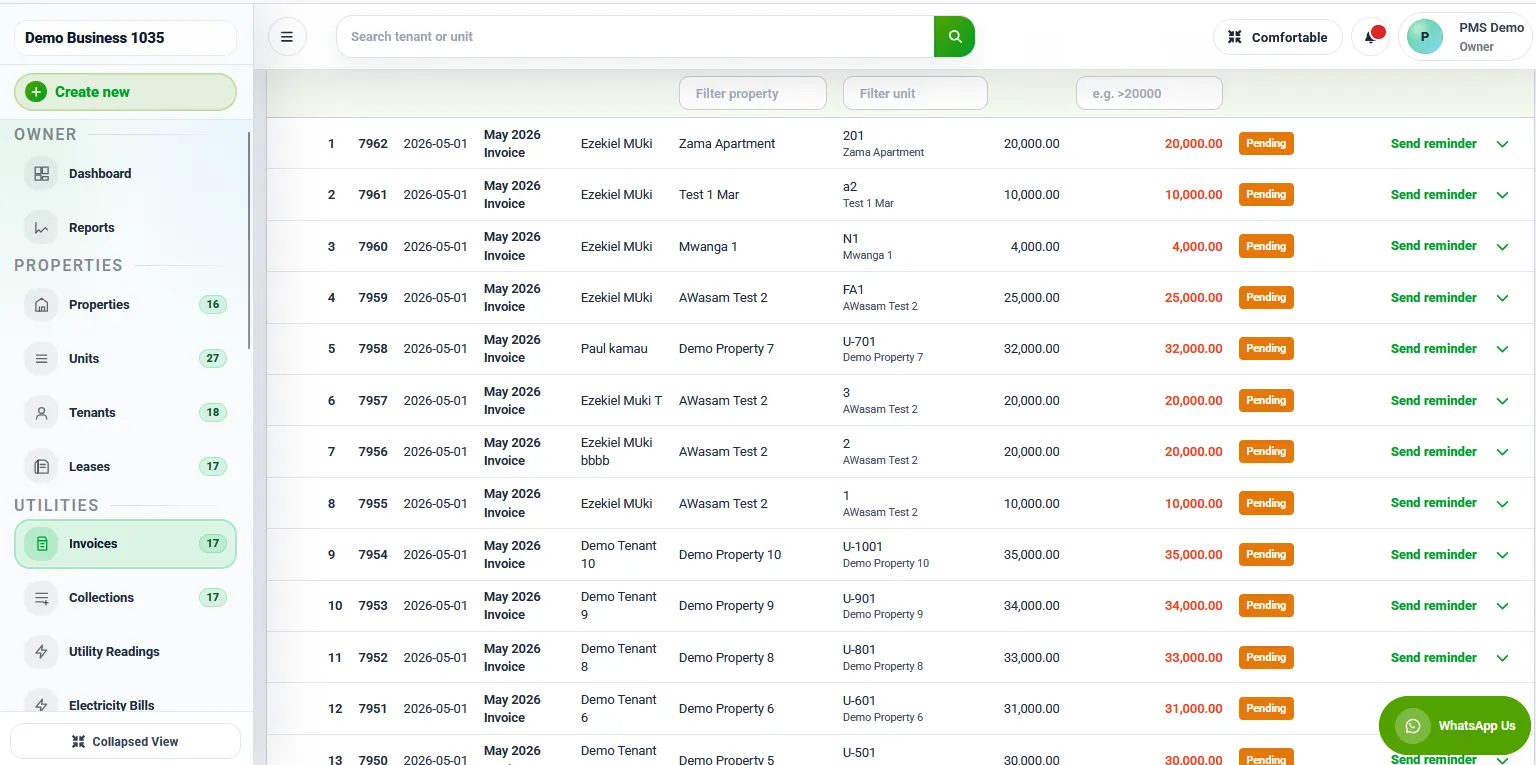 RentalDesk rent invoices screenshot