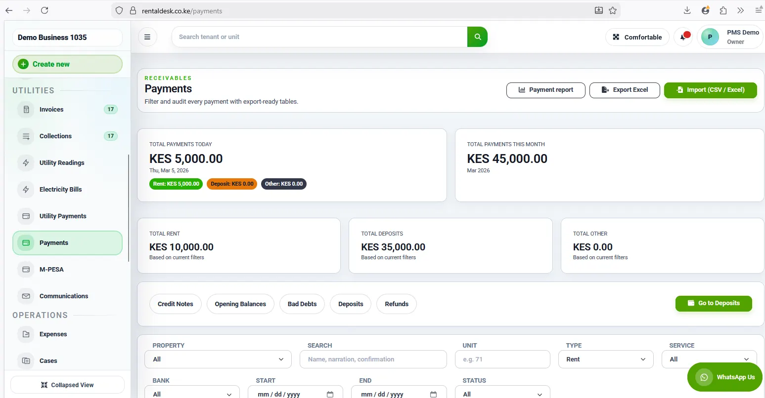 RentalDesk payment records screenshot