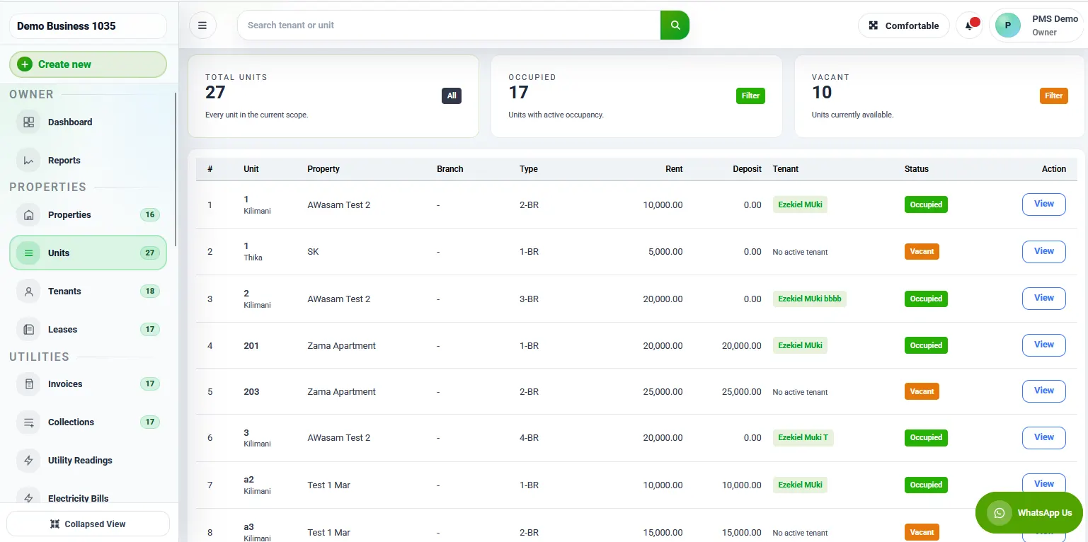 RentalDesk units and occupancy screenshot