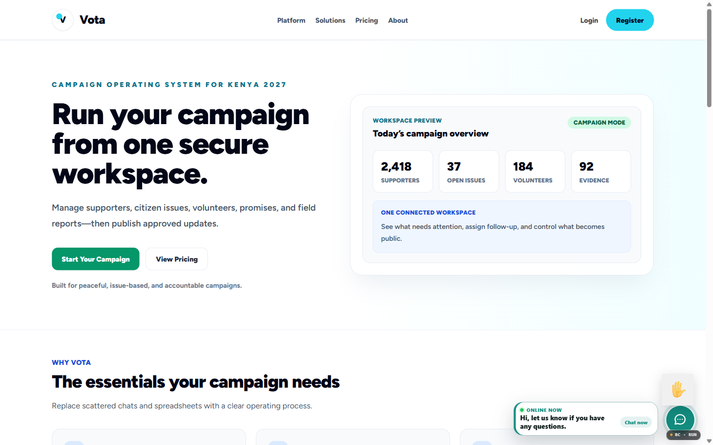 Vota public product screen