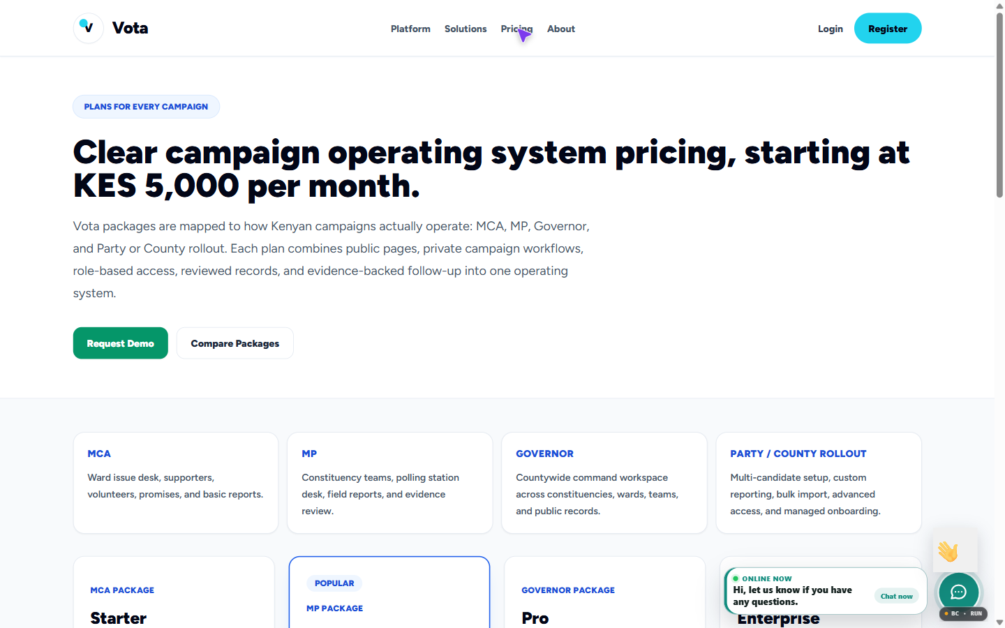 Vota plans and pricing screenshot