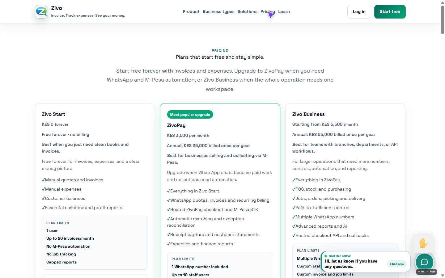 Zivo plans and pricing screenshot